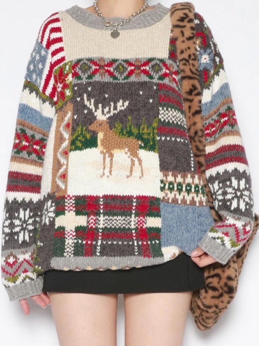 Vintage Multicolor Reindeer Patchwork Crewneck Sweater